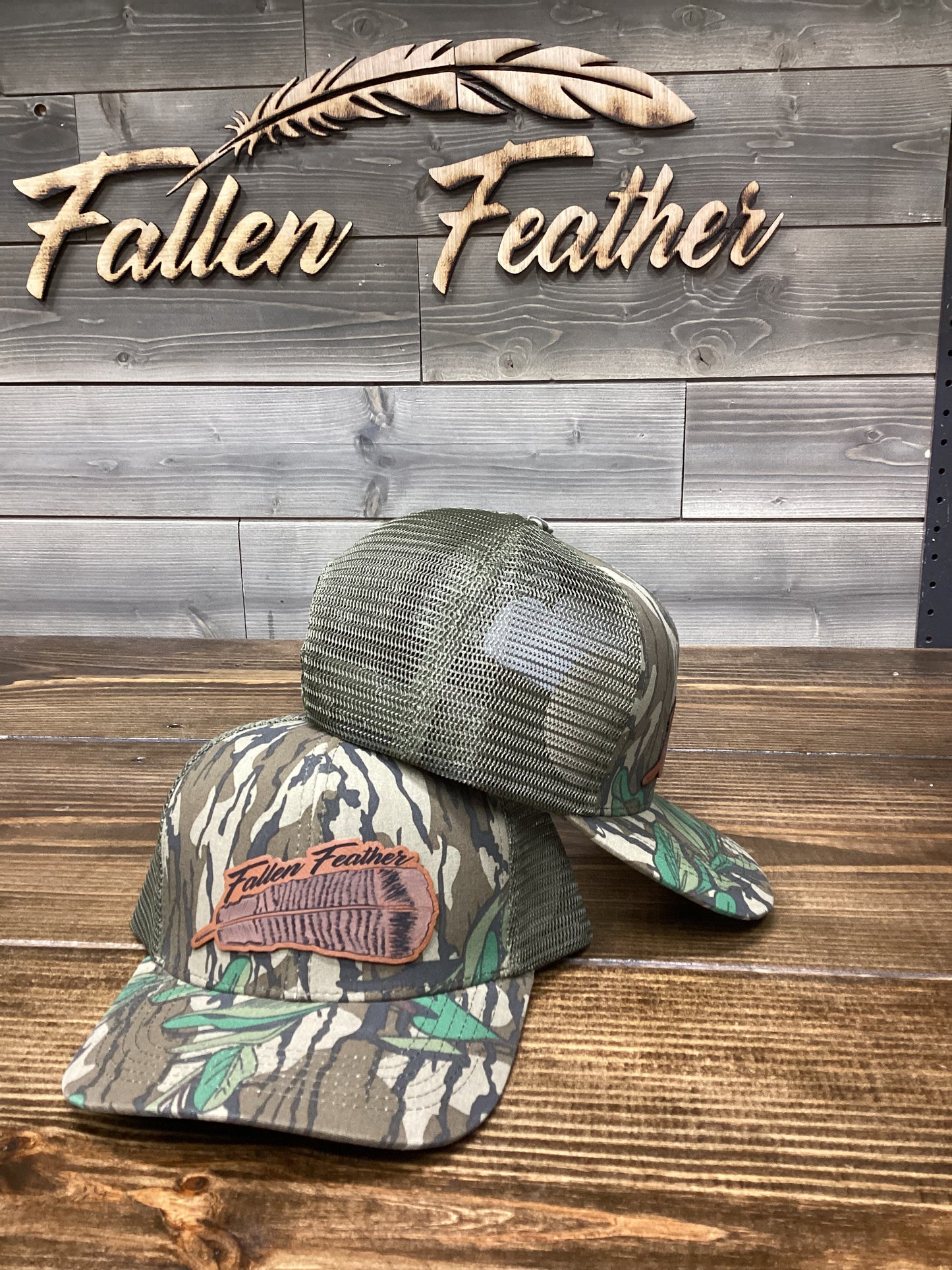 Mossy Oak Greenleaf Leather Turkey Feather Patch Mesh SnapBack