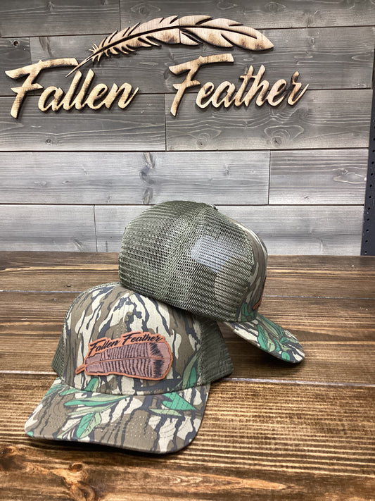 Mossy Oak Greenleaf Leather Turkey Feather Patch Mesh SnapBack